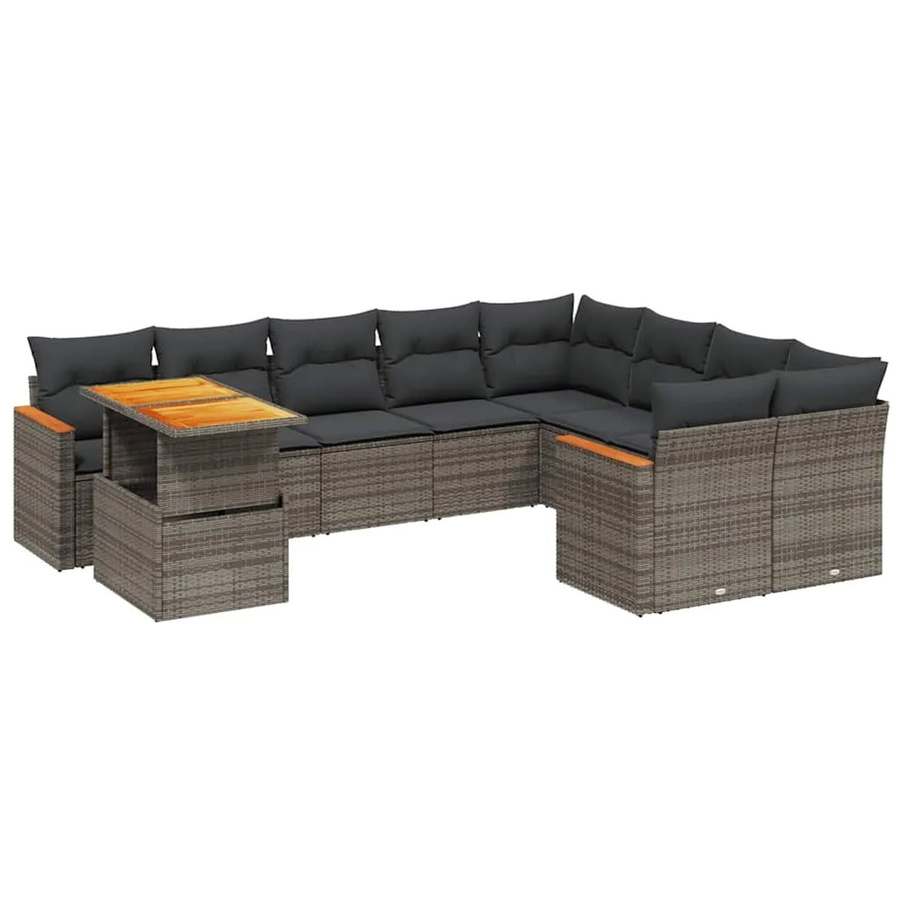 vidaXL 10-tlg. Garten-Sofagarnitur in L-Form aus Polyrattan und Akazienholz mit Kissen, Grau - Bild 2