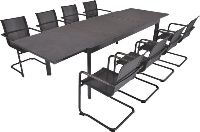DELUKE Garten-Sitzgruppe CARLA 9-teiliges Gartenmöbel-Set in Grau mit ausziehbarem Esstisch und Freischwingerstühlen aus Edelstahl und Aluminium - Bild 1