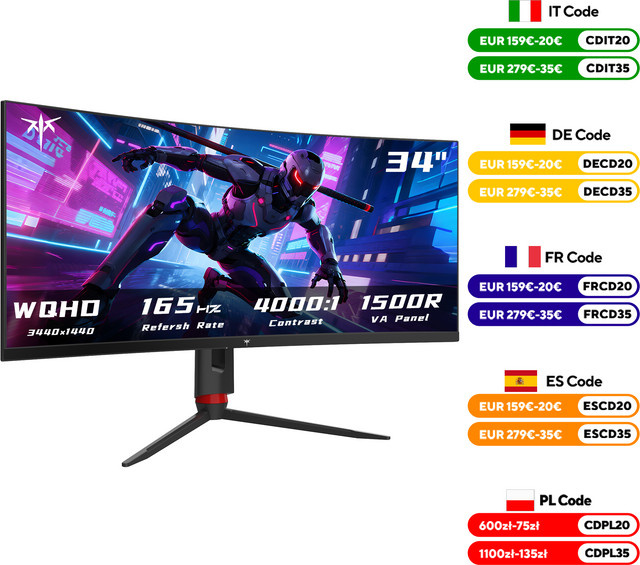 KTC 34-Zoll Ultrawide Gaming-Monitor H34S18S, 165 Hz, WQHD 3440 x 1440, gebogen 1500R, HDR, FreeSync und G-Sync, Schwarz - Bild 1