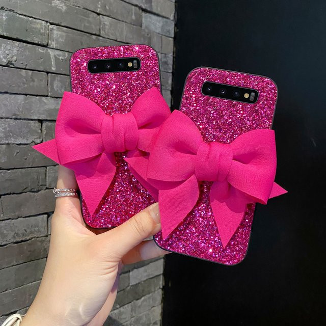 Samsung Luxus Handyhülle mit Strass, Bowknot-Muster und Glitter-Leder für Galaxy S10 4G 5G und S10 Plus Lite in Rot oder Pink - Bild 1