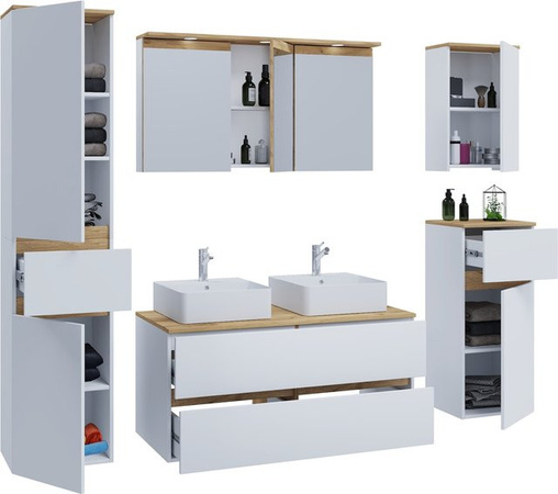 VCM 7-tlg. Doppelwaschtisch Cosila in Weiß mit 2 Keramikbecken, Badschrank-Set mit Spiegelschrank inklusive Beleuchtung und Steckdose, Unterschrank mit Softclose-Schubladen sowie Midi- und Hängeschrank, B/T/H: 111 x 51 x 47 cm