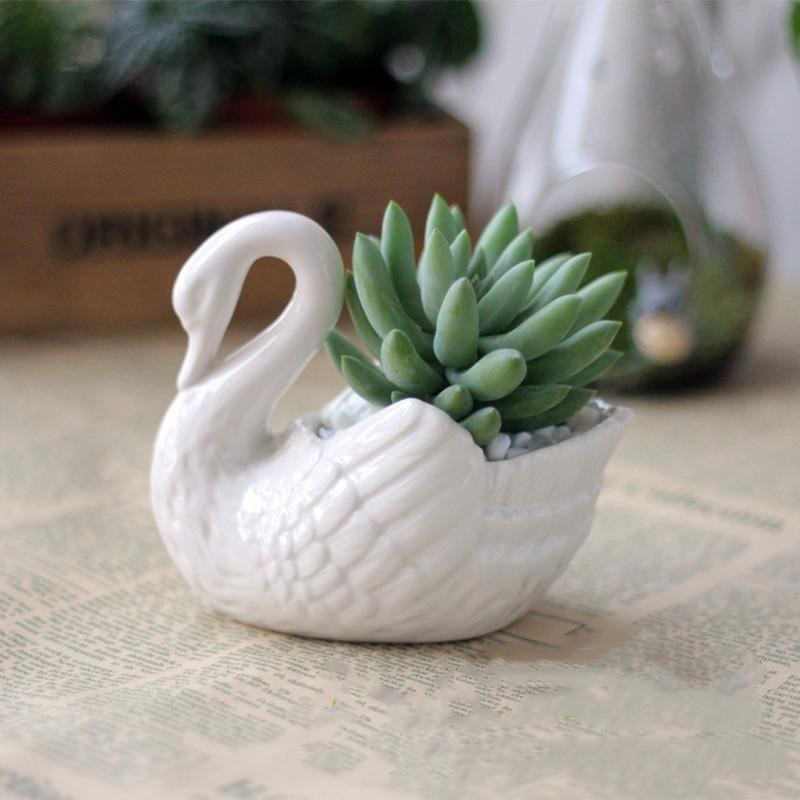 Yiran Furniture Keramik-Blumentopf Schwan in Weiß, Dekovase für Sukkulenten und Schmuck, B/T/H: 10 x 6 x 8 cm - Bild 2