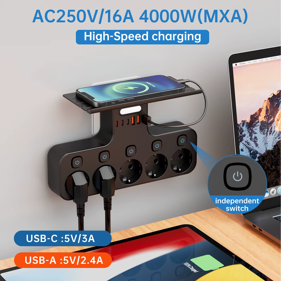 Multifunktions-Steckdosenleiste in Schwarz mit 4000 W, Wandmontage, unabhängigen Schaltern, Sensor-Nachtlicht sowie 3 USB-C und 3 USB-A Ladeanschlüssen - Bild 2