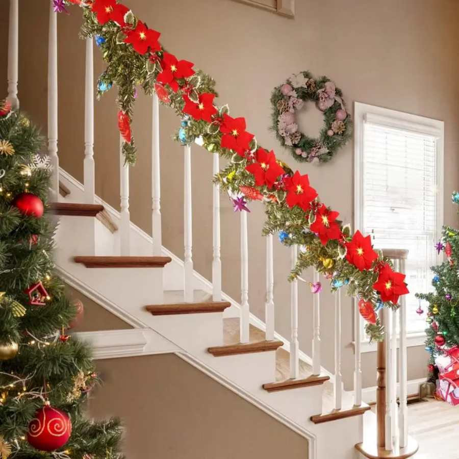 Peach Forest Künstliche Weihnachtsstern-Girlande mit roten Beeren und Stechpalmenblättern in Rot - Bild 3