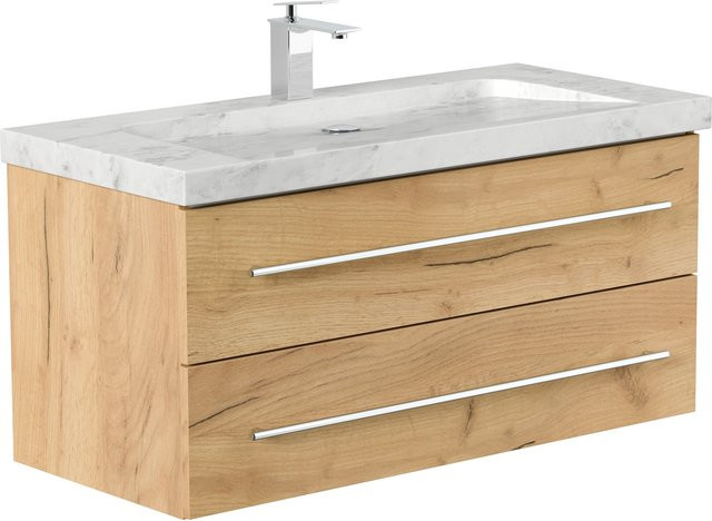 Badmöbel YAMO von Posseik mit Marmor Naturstein in White, Breite: 100 cm, Tiefe: 44 cm, Höhe: 50 cm, 1 Hahnloch und SoftClose - Bild 1