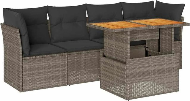 vidaXL 5-teilige Garten-Sofagarnitur in Grau aus Poly-Rattan mit Tisch und Polsterkissen - Bild 1
