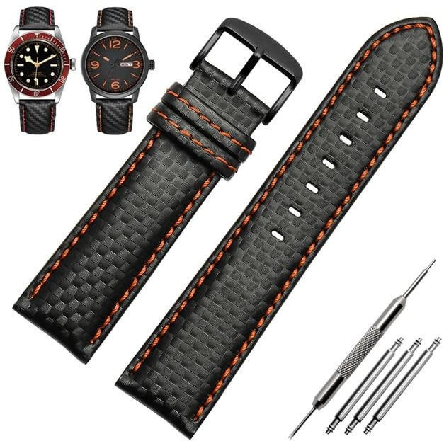 Uhrenarmband Leder, Karbonfaser-Maserung, Schwarz, Herren - Bild 1