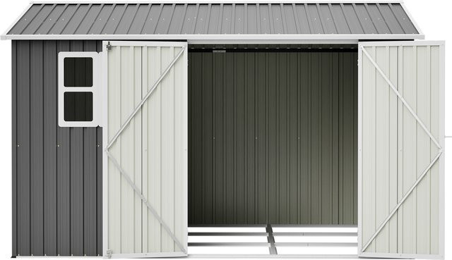 GIHAUVIA Outdoor-Gartenschuppen aus Stahl in Grau mit Fenster und abschließbaren Doppeltüren, wetterbeständiges Werkzeughaus mit Metallbodengestell, B/T/H: 311 x 230 x 201 cm - Bild 1