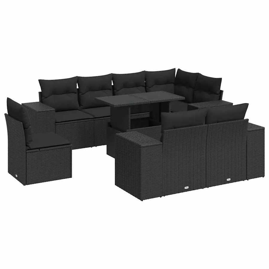 vidaXL 9-tlg. Garten-Sofagarnitur in L-Form aus schwarzem PE-Rattan mit Kissen und pulverbeschichtetem Stahlgestell - Bild 2