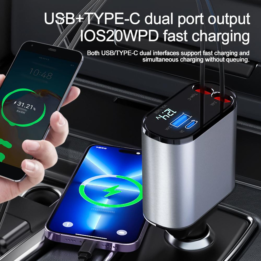 YJMP 100W Autoladegerät mit USB-C und USB-A, superschnelles Aufladen mit einziehbarem Kabel und Spannungsanzeige für iPhone, Huawei und Samsung - Bild 8