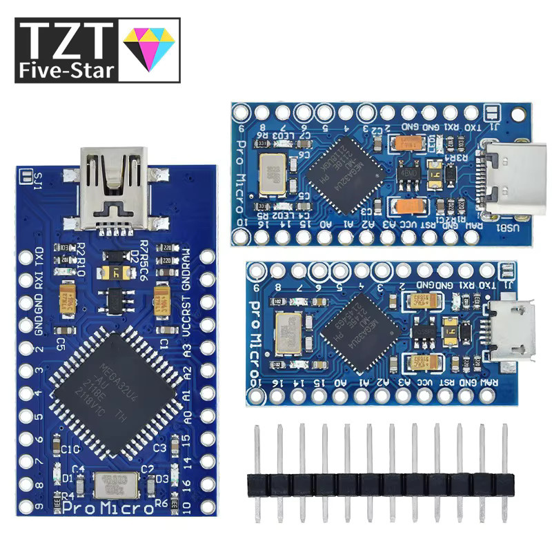 TZT Pro Micro ATmega32U4 Mikrocontroller mit USB-C Schnittstelle und 2-reihigem Pin-Header in Blau - Bild 3
