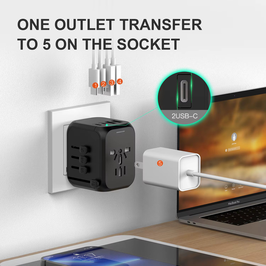 HKLAMIN Universeller Reiseadapter mit 2 USB-A und 2 USB-C Anschlüssen für Schnellladung, Internationaler All-in-One Stromadapter in Schwarz - Bild 2