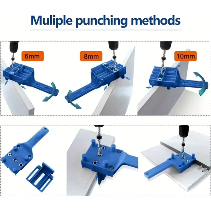 Handheld Dübelbohrer Guide und Lochlocator für die Holzbearbeitung in Blau mit 6mm, 8mm und 10mm Bohreroptionen - Bild 5