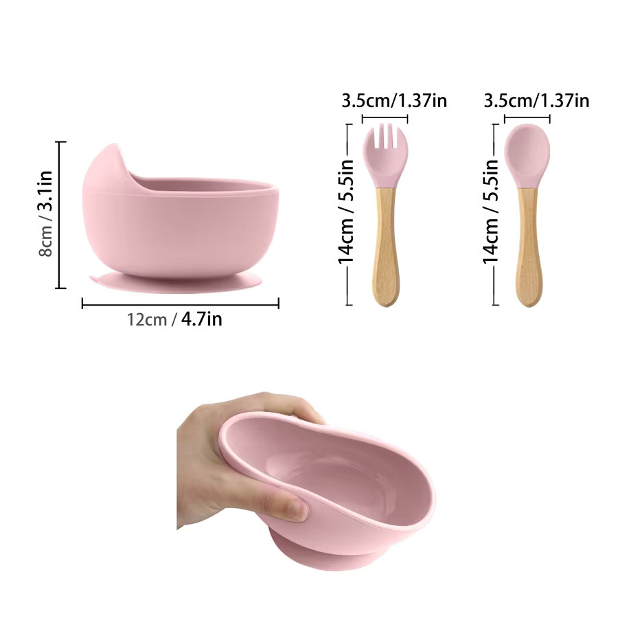 3er Set Baby Silikon Besteckset mit Holzgriff in Pink für das Fütterungstraining - Bild 3