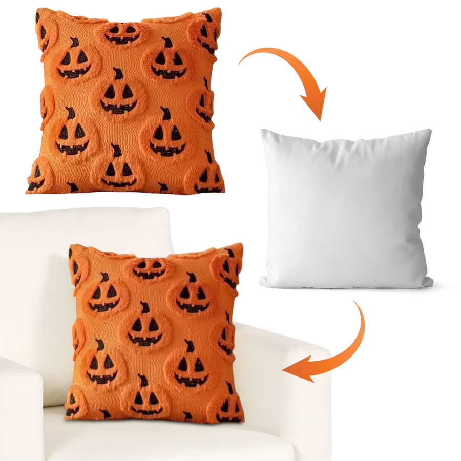 APWIKOGER Halloween Kissenbezüge aus Kunstfell mit Geister- und Kürbis-Motiv in Orange, quadratisch und waschbar - Bild 3