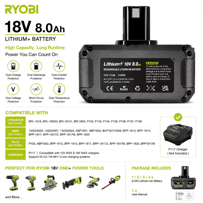 Ryobi ONE+ 18V Li-Ionen Ersatzakku mit 8,0Ah Kapazität kompatibel mit P102 P103 P104 P105 P107 P108 P190 - Bild 2