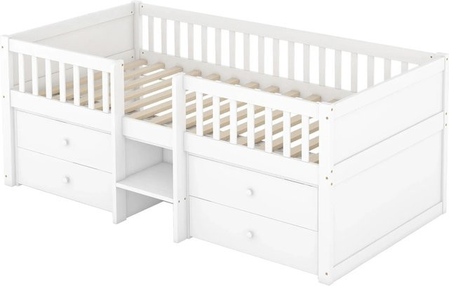 KOMHTOM Halbhohes Kinderbett aus Kiefernholz und MDF mit 4 Schubladen, Geländer und Leiter, Weiß, B/T/H: 90 x 200 x 120 cm - Bild 1