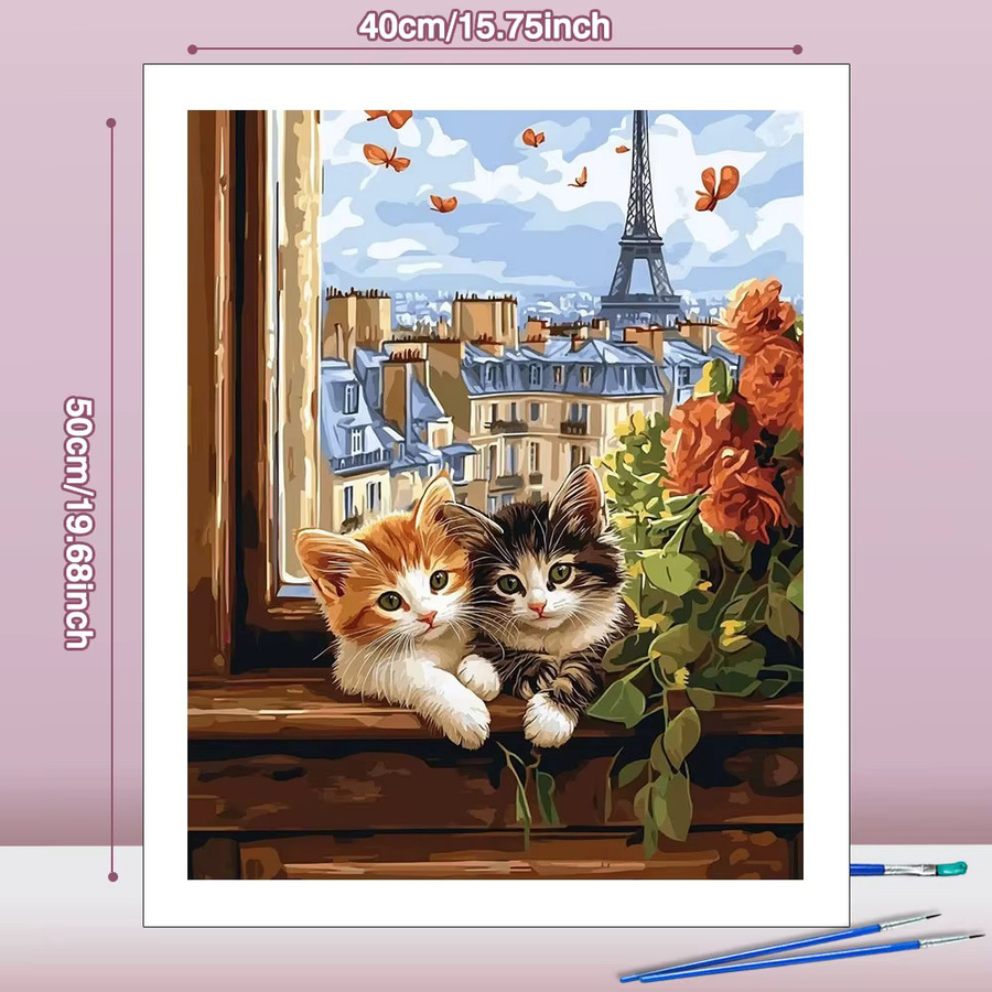 Huacan DIY Ölgemälde nach Zahlen, Katzen, Eiffelturm, Tierlandschaft, Set - Bild 2