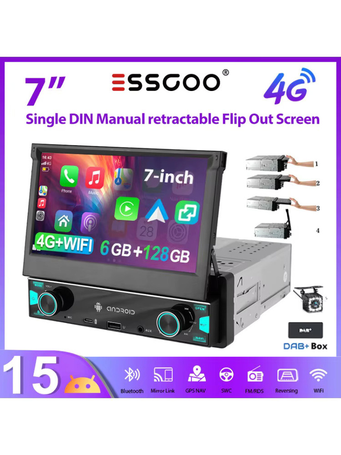 ESSGOO Android 15 Autoradio mit 7 Zoll ausklappbarem Touchscreen, 6+128 GB, 1 DIN, 4G LTE, Wireless CarPlay, Android Auto, GPS, WiFi und Bluetooth, Schwarz - Bild 6