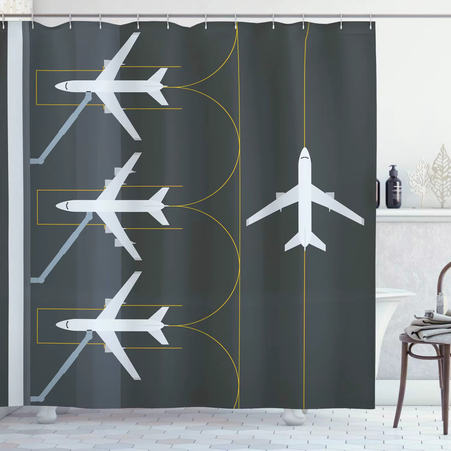 Duschvorhang mit Flugzeug- und Militärdesign in Grau aus Polyester inklusive Haken, Höhe: 180 cm, Breite: 180 cm - Bild 1