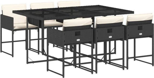 vidaXL 7-tlg. Garten-Essgruppe aus Poly-Rattan mit Kissen und Hartglas in Schwarz - Bild 1