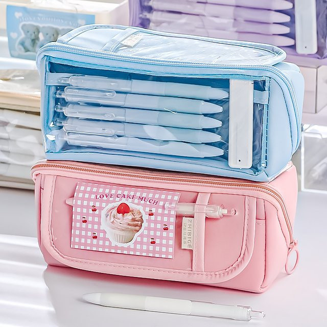 Flip Prisma Bleistift Tasche transparent beige mit großem Fassungsvermögen für Schüler und Briefpapier - Bild 1