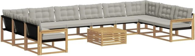 vidaXL Outdoor-Sofagarnitur 11-tlg. in U-Form aus Akazienholz mit Textilene und Kissen, Weiß-Hellgrau - Bild 1