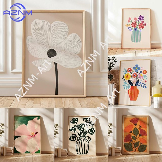 AZNM Leinwandgemälde mit Blumenmuster in Beige im Retro-Stil als moderne Wanddekoration - Bild 1