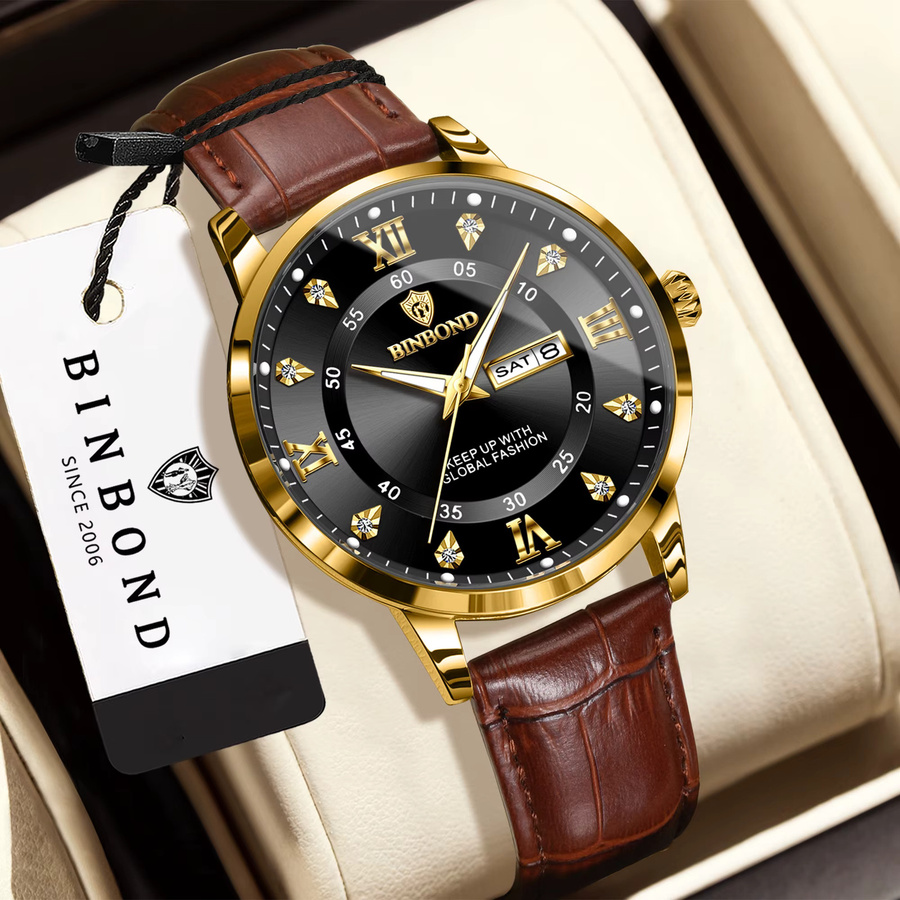 BINBOND Armbanduhr Quarz, Leder, Schwarz, Herren, Datum, Wochentag - Bild 2