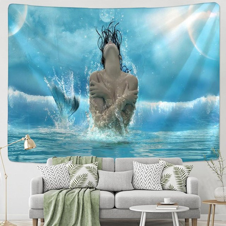 Boho Meerjungfrau Wandbehang Super Six, Tapisserie mit Illustration in Grau und Blau, B/H: 95 x 70 cm