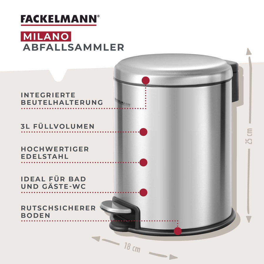 Fackelmann Mülleimer Milano Pedal Abfallbehälter Silber 3L mit Soft-Close und herausnehmbarem Inneneinsatz - Bild 3