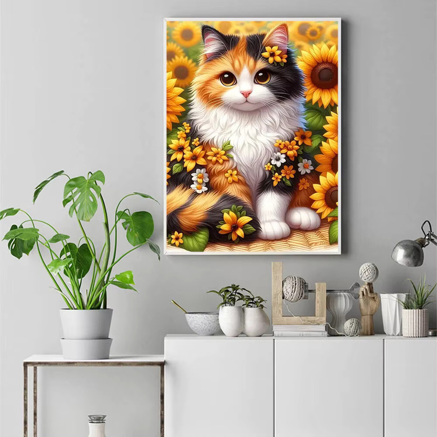 Huacan Diamant-Malerei Katze und Blumen als rundes Diamant-Mosaik in Multicolor, Wandmontage, Durchmesser: 40 cm - Bild 3