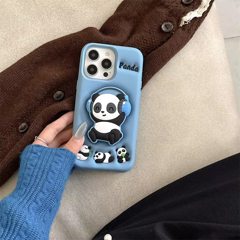 MUQGEW Panda Silikon Schutzhülle mit Teleskop-Halterung für iPhone 15 14 16 13 12 Pro Max in Blau - Bild 3