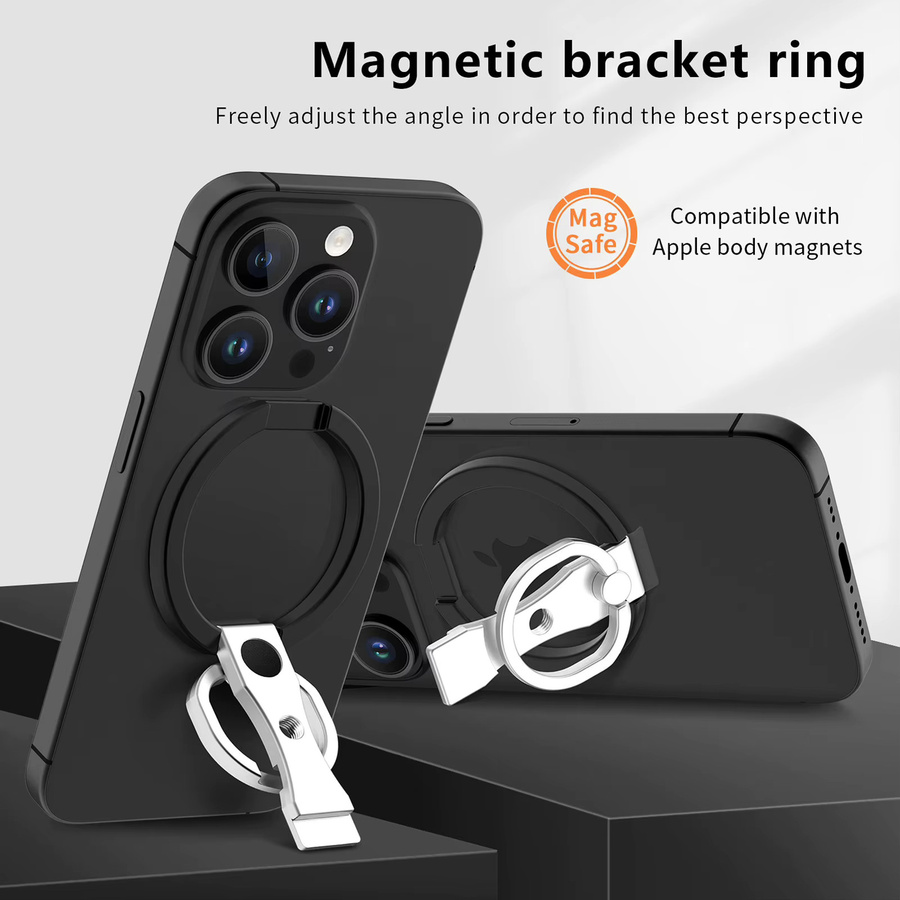 Magnetischer Metall-Telefonständer mit 360 Grad Drehung und Fingerringhalter für MagSafe, Desktop-Halterung in Schwarz und Silber - Bild 3