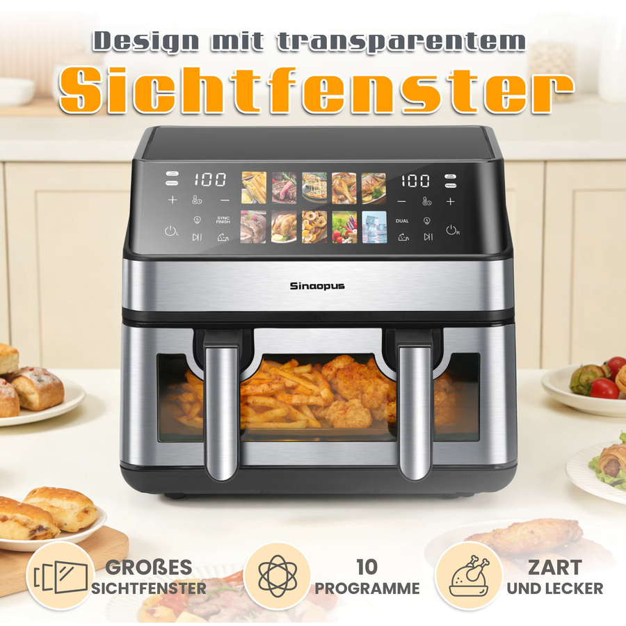 Sinaopus XXL Heißluftfritteuse 8,5 L mit Doppelkorb, 2000W und LED-Touch-Fenster, Ölfreier Ofen mit 10 Programmen - Bild 4
