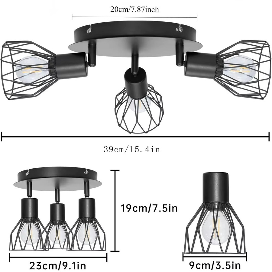 JOYINLED Deckenleuchte und Wandstrahler aus Metall in Schwarz mit 3 drehbaren Leuchten für E14 LED-Leuchtmittel, ideal für Küche, Wohnzimmer und Schlafzimmer - Bild 2