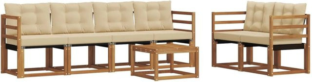vidaXL Outdoor-Sofagarnitur 7-teilig aus Akazienholz und Textilene in Natur und Beige mit Kissen und UV-Beständigkeit - Bild 1