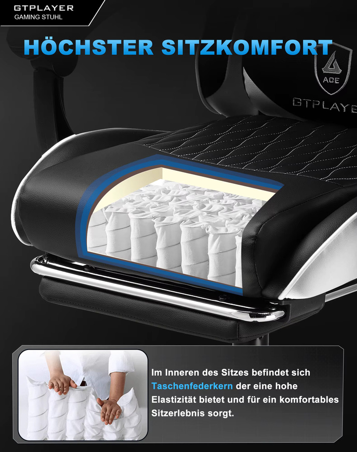GTPLAYER Gaming Stuhl in Schwarz-Weiß, ergonomischer Gamer Stuhl aus Kunstleder mit Fußstütze, Kopfkissen und verstellbarer Lendenstütze - Bild 4