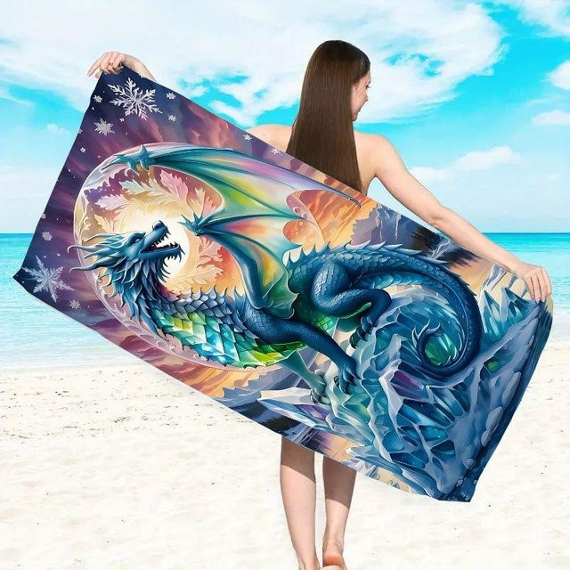 Dalangpa Strandtuch mit Fantasy-Drachen-Design aus Polyester in Weiß, schnelltrocknend, B: 40 cm, H: 60 cm - Bild 1