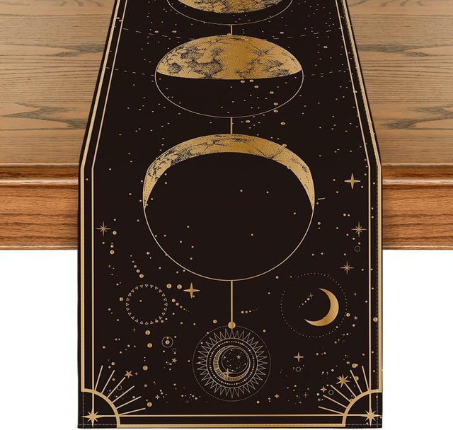 JINGYUE Pet Tischläufer aus Leinen mit Astrologie-Mond-Motiv in Braun, Breite: 150 cm, Tiefe: 33 cm - Bild 1
