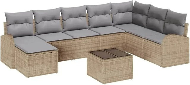 vidaXL Garten-Sofa-Set aus Poly Rattan mit Kissen, 9-teilig, Beige-grau - Bild 1