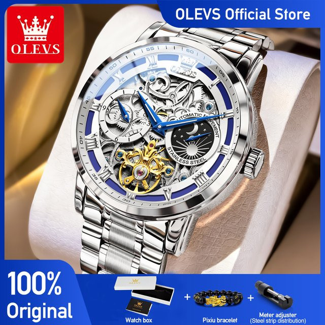 OLEVS Herrenuhr, Skeleton, Mechanisch, Mondphase, Edelstahl, Silber - Bild 1
