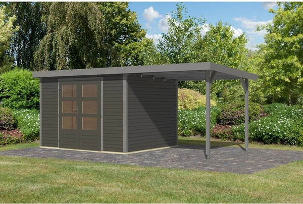 Karibu Gartenhaus Ernesto 5 mit Anbaudach in Terragrau/Grau, B: 298 cm, T: 209 cm, H: 242 cm