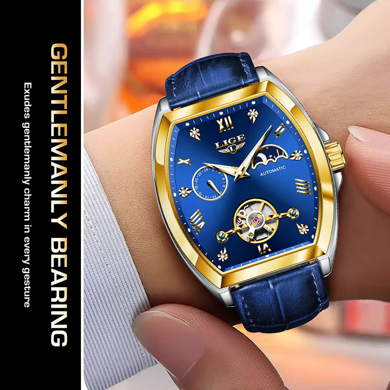 LIGE Armbanduhr Automatik, Tonneau, Gold, Leder, Herren - Bild 6