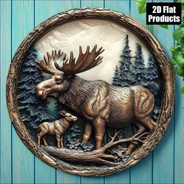 Rundes Aluminium-Metallschild Elch und Hirsch von CIFBUY in Braun, rustikale Wandkunst für dein Heim oder Büro, Durchmesser: 20,32 cm - Bild 1