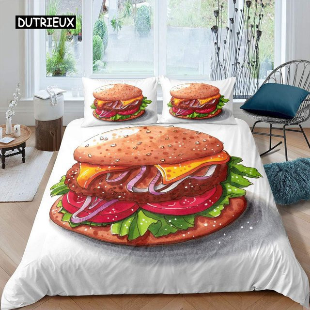 Wucifang Bags Hamburger Bettwäsche-Set mit Fast-Food-Cartoon-Muster für Kinder, mehrfarbig, B/H: 135 x 200 cm - Bild 1