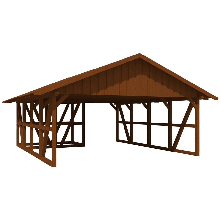 Skan Holz Carport Schwarzwald aus Fichtenholz mit Dachschalung, Abstellraum und Dachschindeln in Nussbaum Braun, B: 684 cm x T: 772 cm - Bild 2