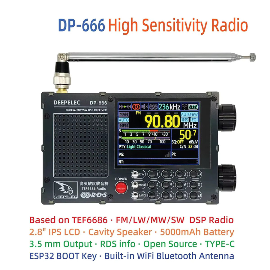 DEEPELEC DP-666 TEF6686 Radio mit ESP32, Wi-Fi und 2,8 Zoll IPS LCD Display, FM-AM-LW-MW-SW-Kurzwellen, Schwarz - Bild 3