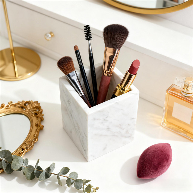 Bleistifthalter aus weißem Naturmarmor als Organizer für Bürobedarf, Make-up-Pinsel oder Badezimmer-Zubehör - Bild 1