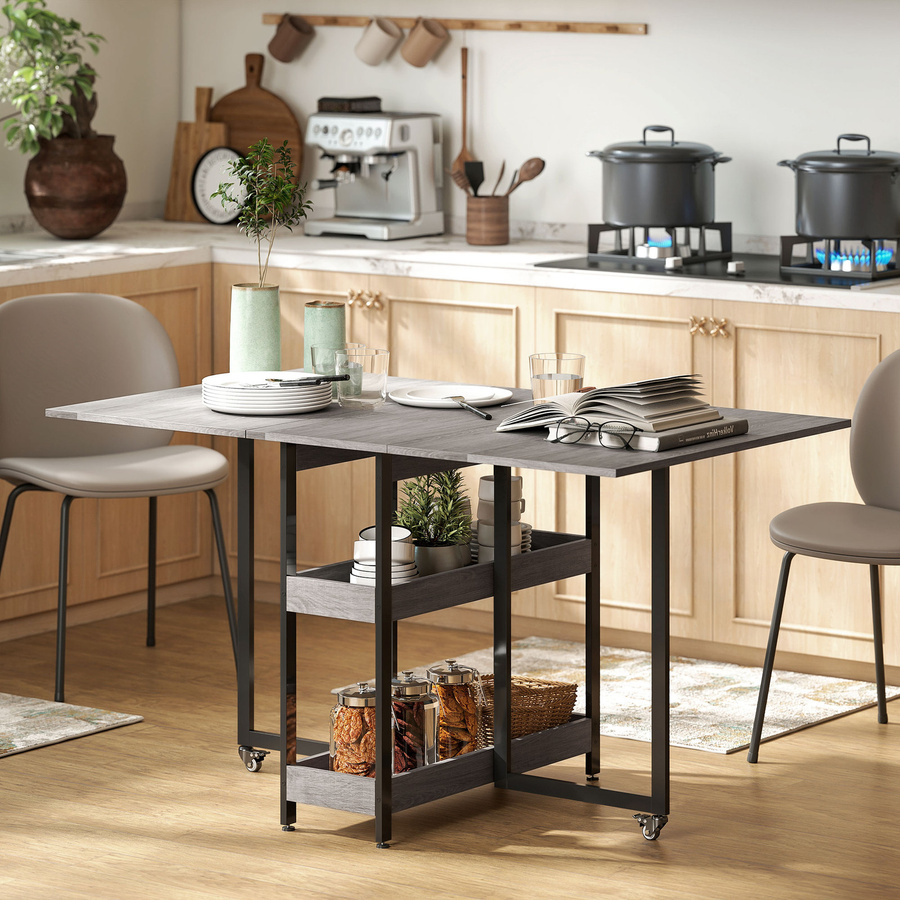 HOMCOM Klappbarer Esstisch für 2-4 Personen mit 2 offenen Ablagen und Rollen, ausziehbarer Küchentisch in Grau, B/T/H: 133,4 x 80 x 75 cm - Bild 2